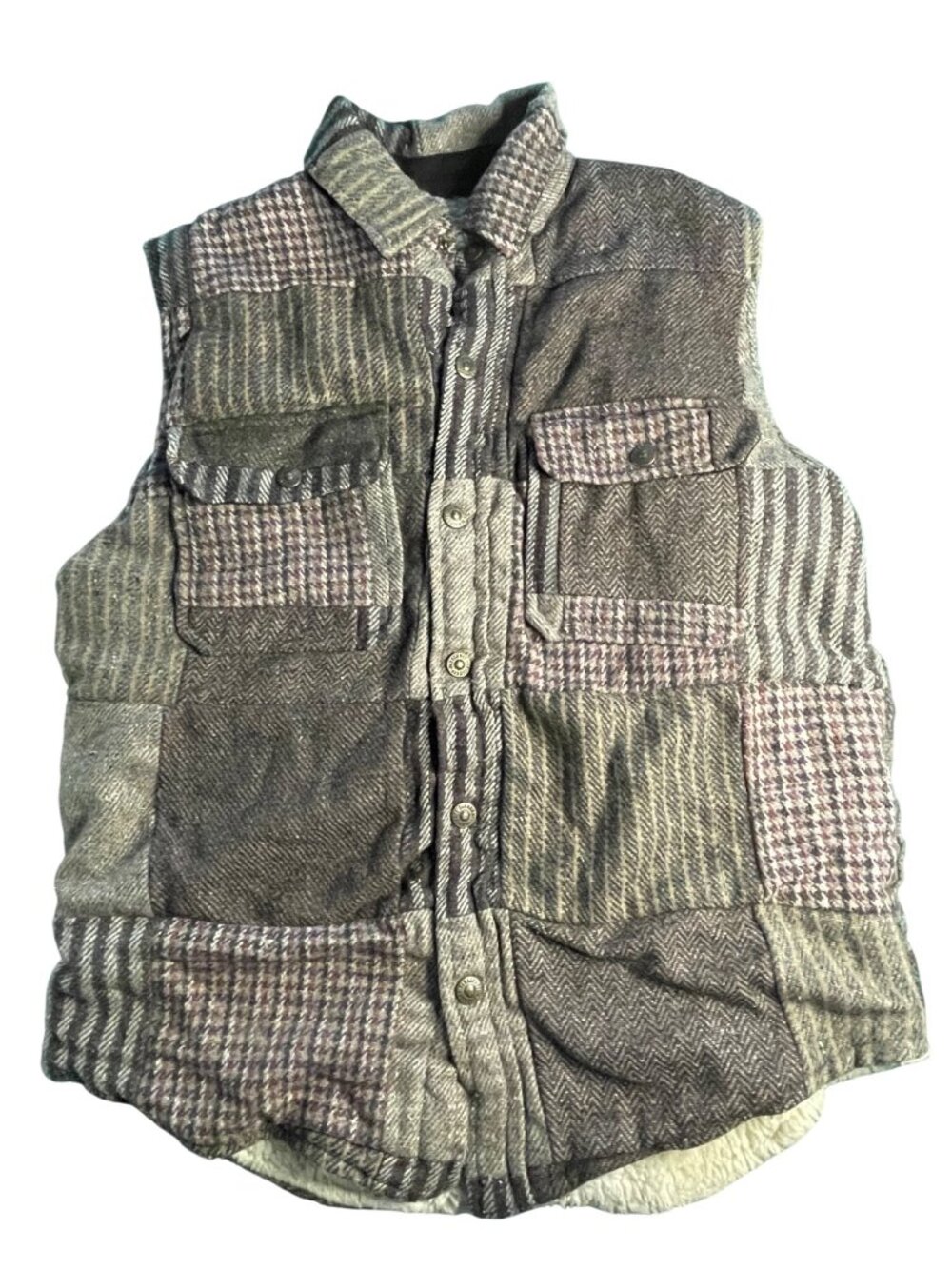 Paragraff Mens Wool Blend Patchwork Vest With Sherpa Lining Snap Buttons & Pocke